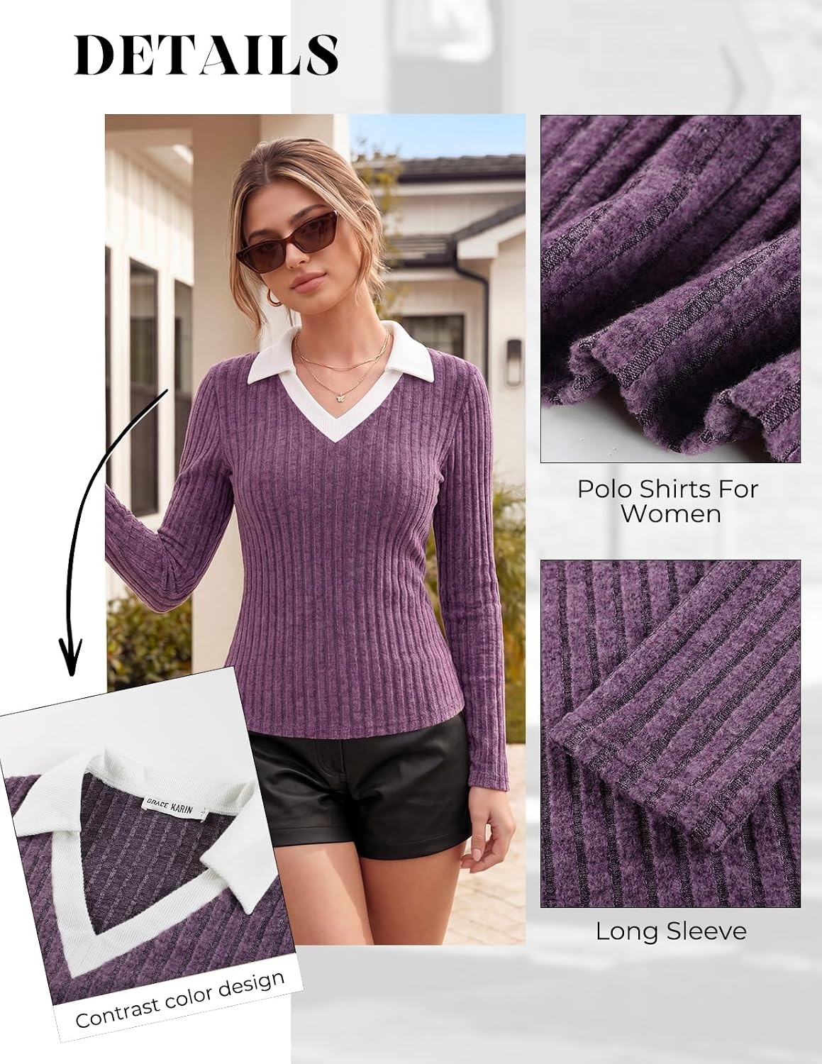 image:imageGRACE KARIN 2026 Womens Long Sleeve Polo Shirts V Neck Collared Ribbed Knit Slim Fit Business Casual Work Office TopsLight Purple
