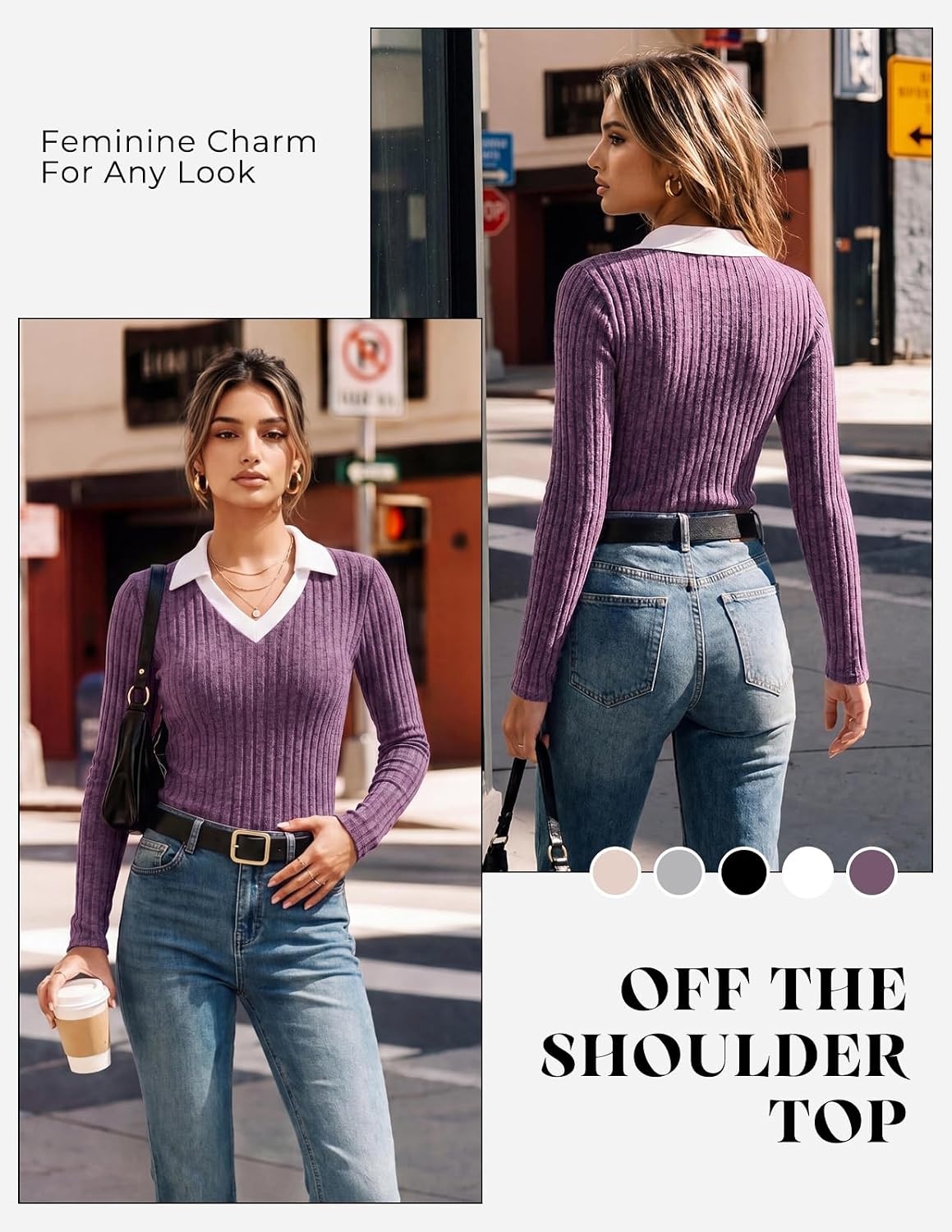 image:imageGRACE KARIN 2026 Womens Long Sleeve Polo Shirts V Neck Collared Ribbed Knit Slim Fit Business Casual Work Office TopsLight Purple