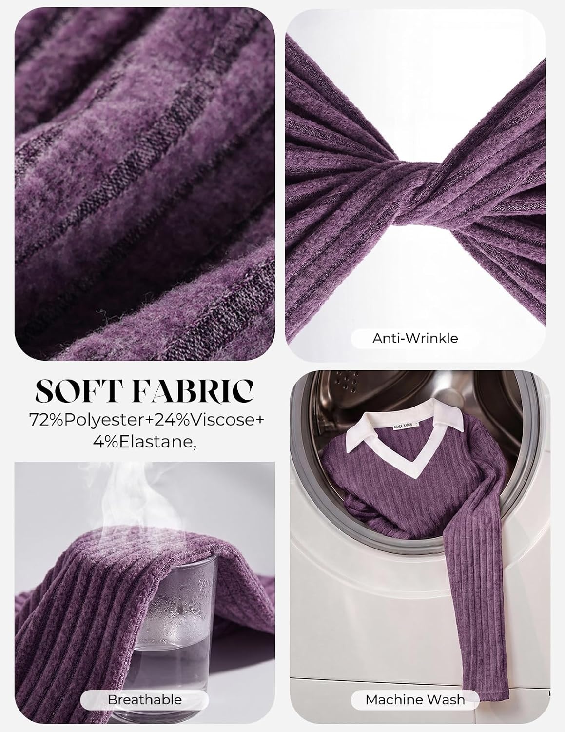 image:imageGRACE KARIN 2026 Womens Long Sleeve Polo Shirts V Neck Collared Ribbed Knit Slim Fit Business Casual Work Office TopsLight Purple