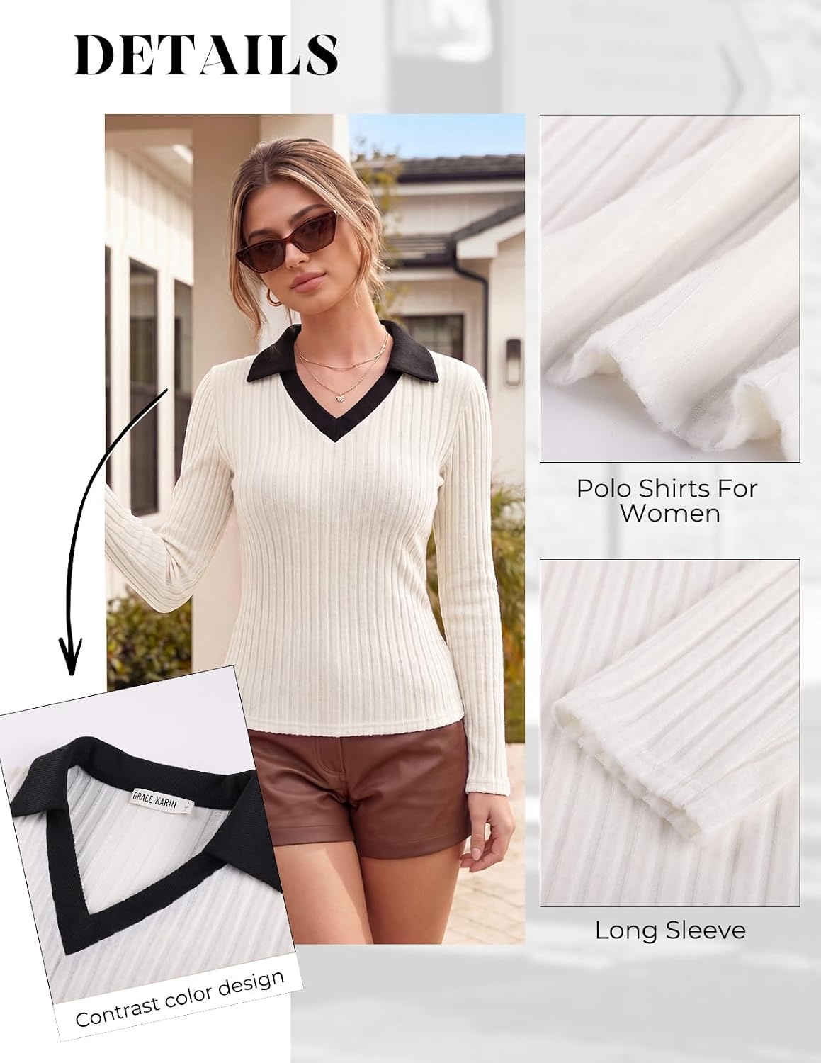 image:imageGRACE KARIN 2026 Womens Long Sleeve Polo Shirts V Neck Collared Ribbed Knit Slim Fit Business Casual Work Office TopsWhite