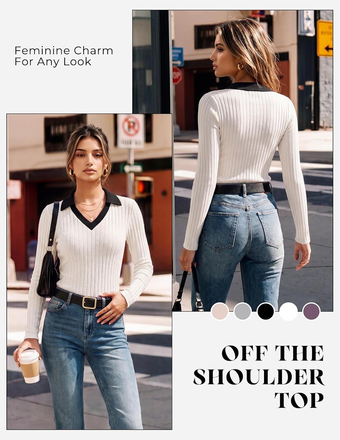 image:imageGRACE KARIN 2026 Womens Long Sleeve Polo Shirts V Neck Collared Ribbed Knit Slim Fit Business Casual Work Office TopsWhite
