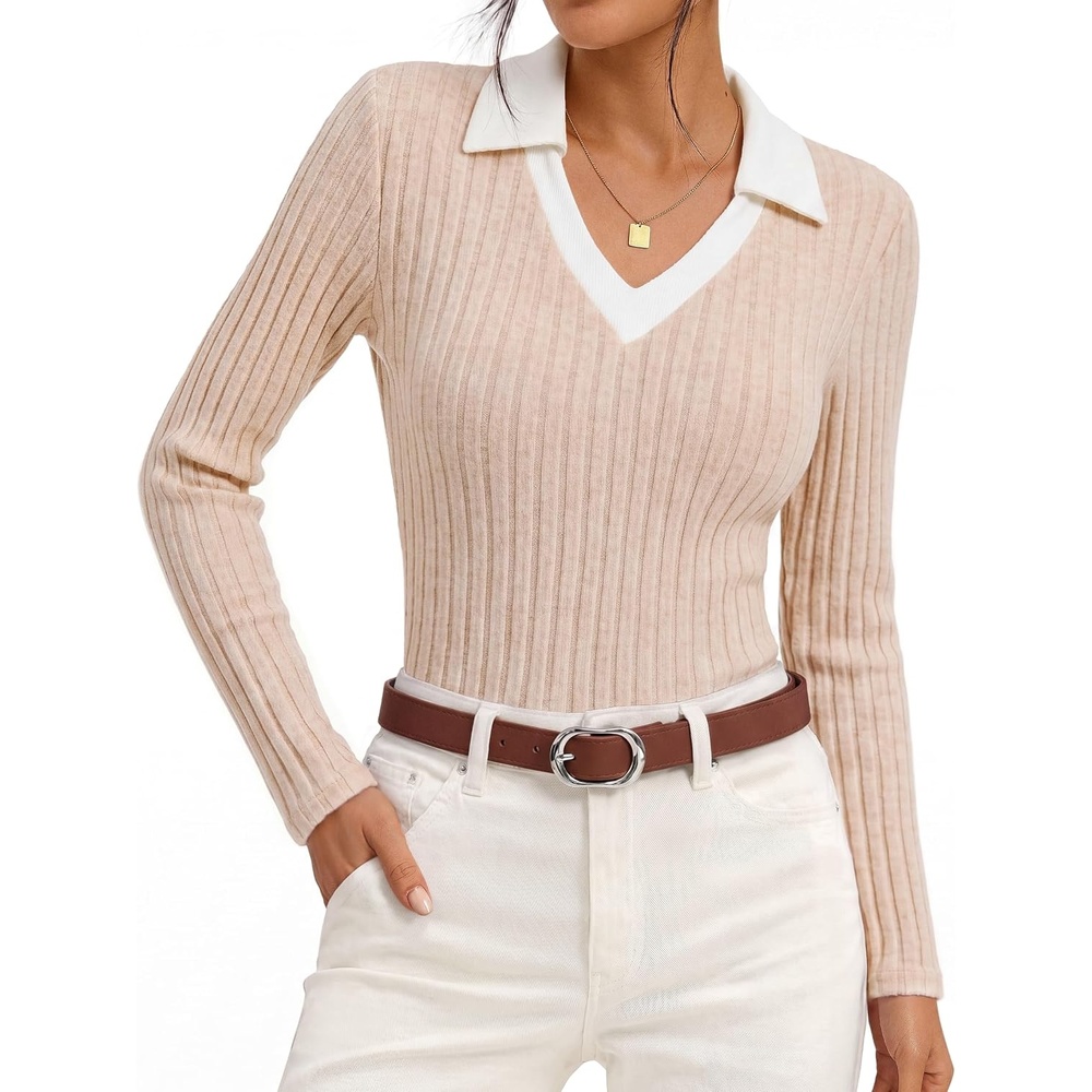image:imageGRACE KARIN 2026 Womens Long Sleeve Polo Shirts V Neck Collared Ribbed Knit Slim Fit Business Casual Work Office TopsApricot