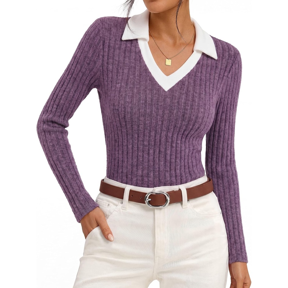 image:imageGRACE KARIN 2026 Womens Long Sleeve Polo Shirts V Neck Collared Ribbed Knit Slim Fit Business Casual Work Office TopsLight Purple