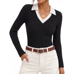 GRACE KARIN 2026 Women’s Long Sleeve Polo Shirts V Neck Collared Ribbed Knit Slim Fit Business Casual Work Office Tops(Black)