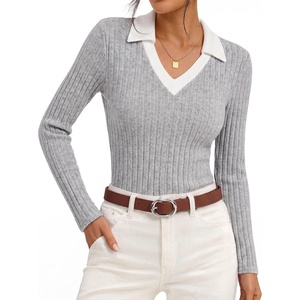 GRACE KARIN 2026 Women’s Long Sleeve Polo Shirts V Neck Collared Ribbed Knit Slim Fit Business Casual Work Office Tops(Gray)