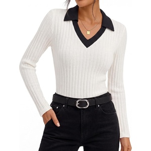 GRACE KARIN 2026 Women’s Long Sleeve Polo Shirts V Neck Collared Ribbed Knit Slim Fit Business Casual Work Office Tops(White)