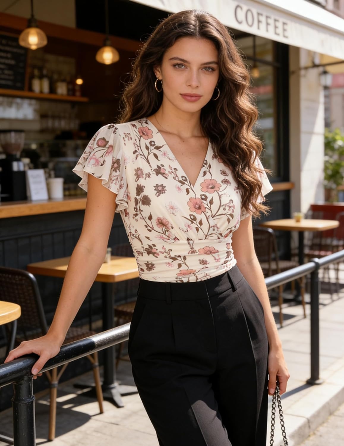image:imageGRACE KARIN 2026 Womens Mesh Tops Ruffle Sleeve Dressy Casual Top Floral Boho Wrap Blouse Fashion OutfitsBeige