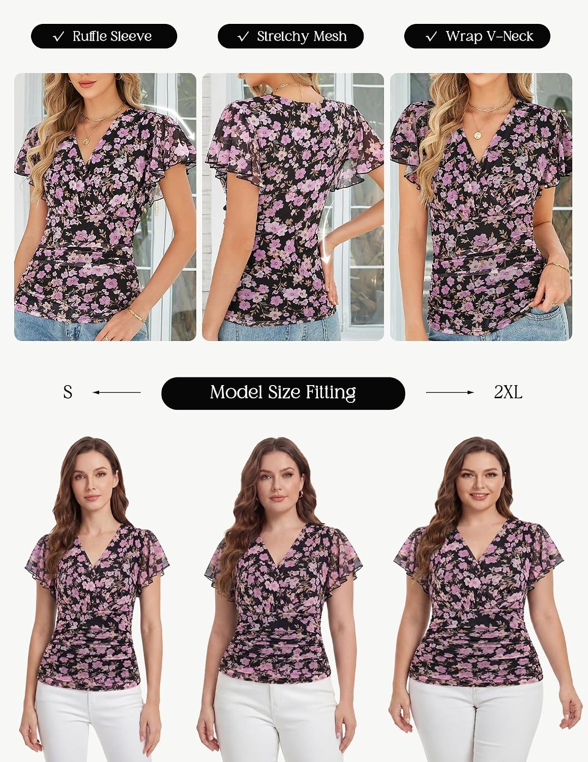 image:imageGRACE KARIN 2026 Womens Mesh Tops Ruffle Sleeve Dressy Casual Top Floral Boho Wrap Blouse Fashion OutfitsBlack Purple