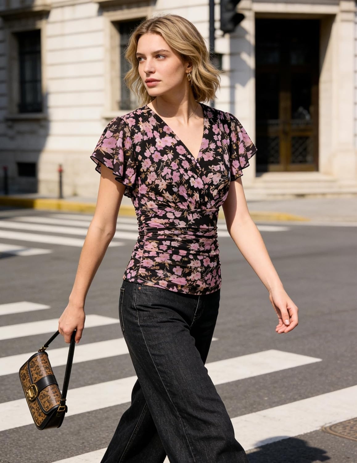 image:imageGRACE KARIN 2026 Womens Mesh Tops Ruffle Sleeve Dressy Casual Top Floral Boho Wrap Blouse Fashion OutfitsBlack Purple