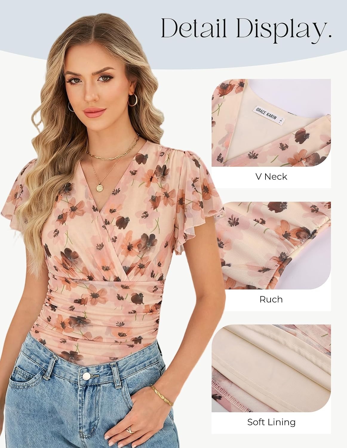 image:imageGRACE KARIN 2026 Womens Mesh Tops Ruffle Sleeve Dressy Casual Top Floral Boho Wrap Blouse Fashion OutfitsBrown Floral