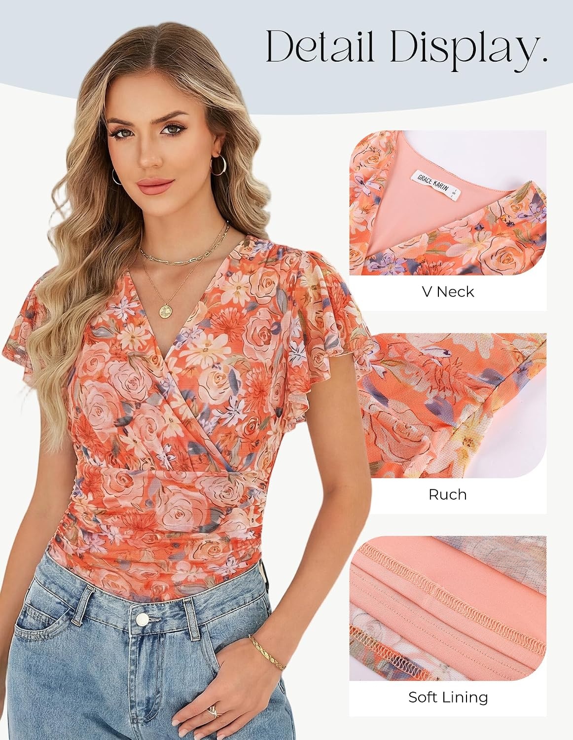 image:imageGRACE KARIN 2026 Womens Mesh Tops Ruffle Sleeve Dressy Casual Top Floral Boho Wrap Blouse Fashion OutfitsOrange Flower