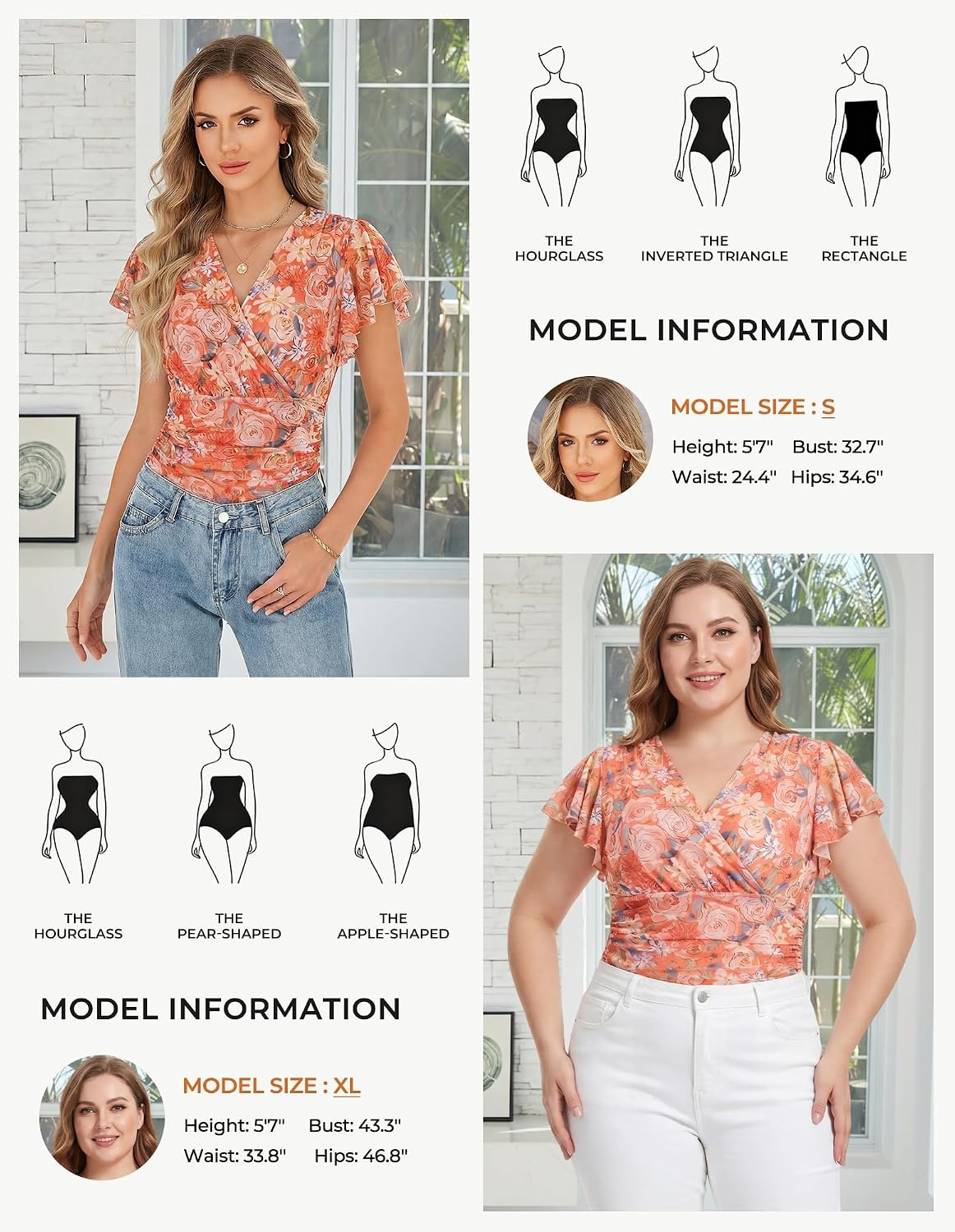 image:imageGRACE KARIN 2026 Womens Mesh Tops Ruffle Sleeve Dressy Casual Top Floral Boho Wrap Blouse Fashion OutfitsOrange Flower