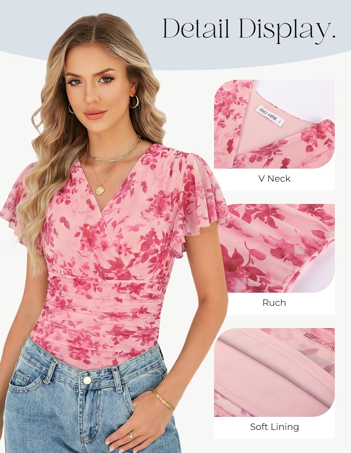 image:imageGRACE KARIN 2026 Womens Mesh Tops Ruffle Sleeve Dressy Casual Top Floral Boho Wrap Blouse Fashion OutfitsPink Red Floral