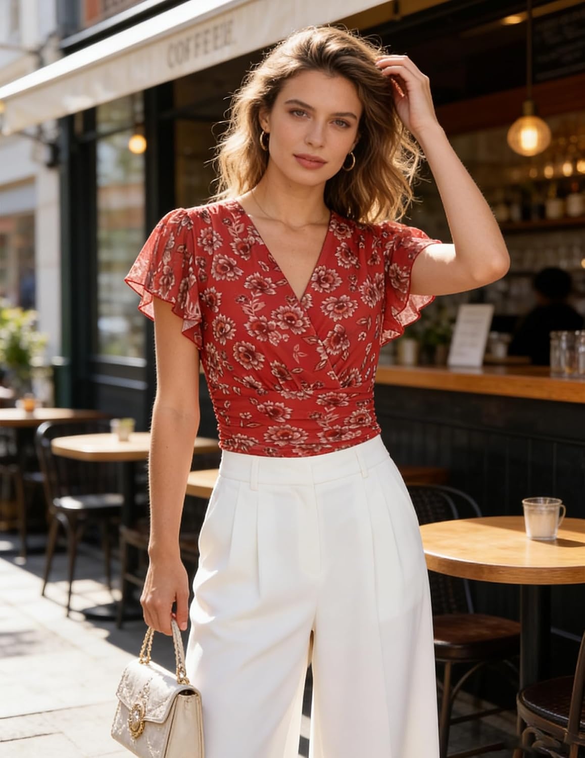 image:imageGRACE KARIN 2026 Womens Mesh Tops Ruffle Sleeve Dressy Casual Top Floral Boho Wrap Blouse Fashion OutfitsRed