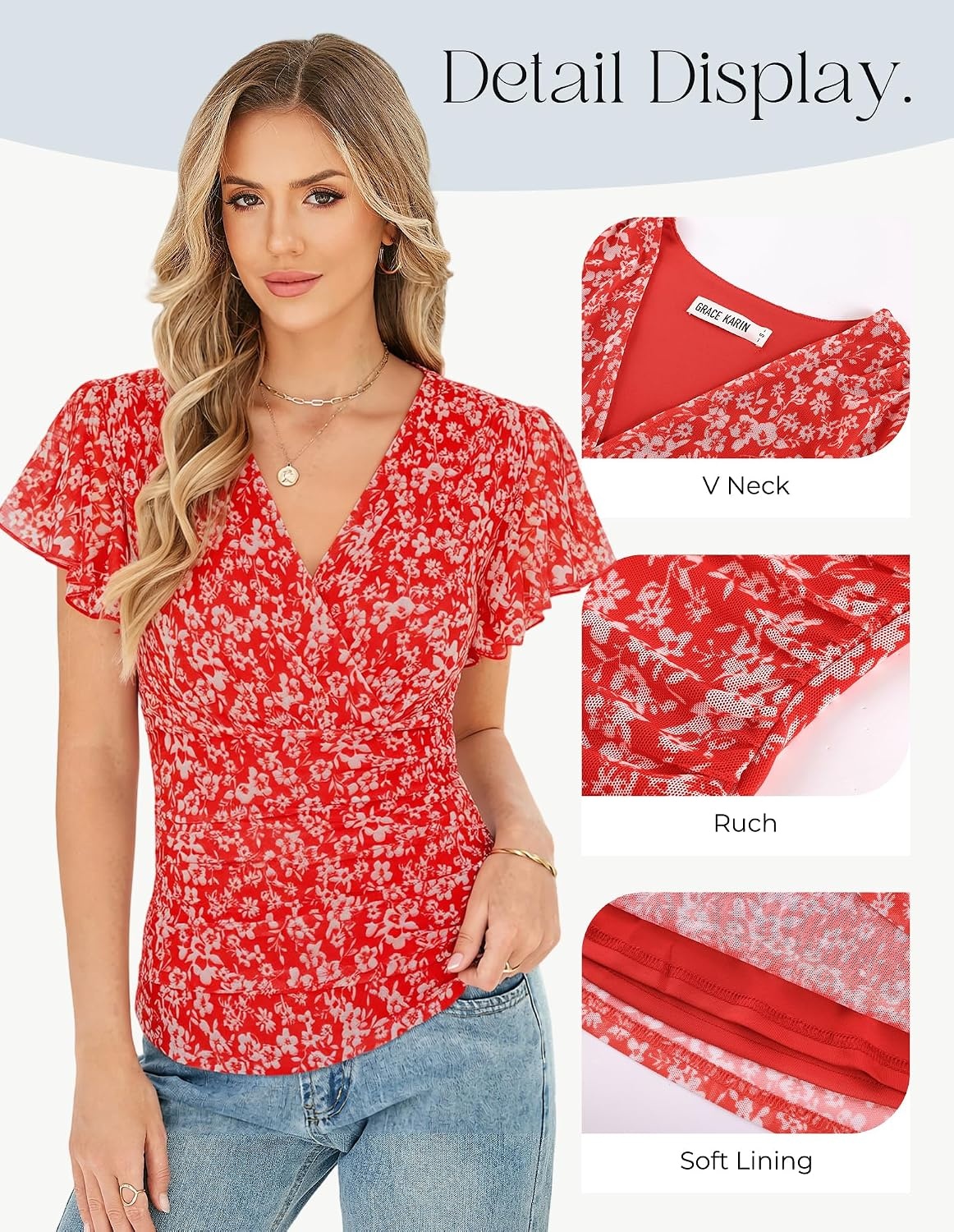 image:imageGRACE KARIN 2026 Womens Mesh Tops Ruffle Sleeve Dressy Casual Top Floral Boho Wrap Blouse Fashion OutfitsRed White