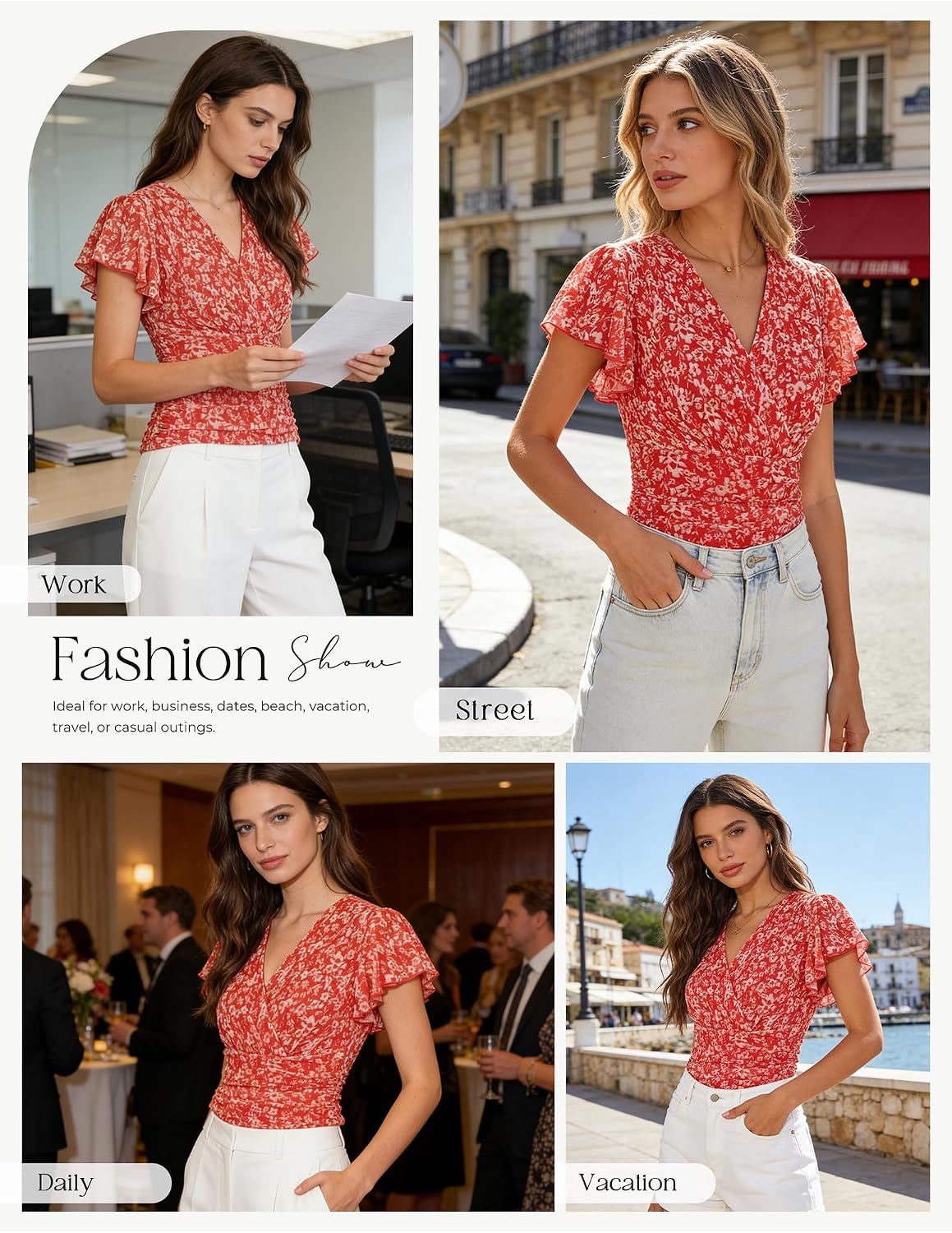 image:imageGRACE KARIN 2026 Womens Mesh Tops Ruffle Sleeve Dressy Casual Top Floral Boho Wrap Blouse Fashion OutfitsRed White