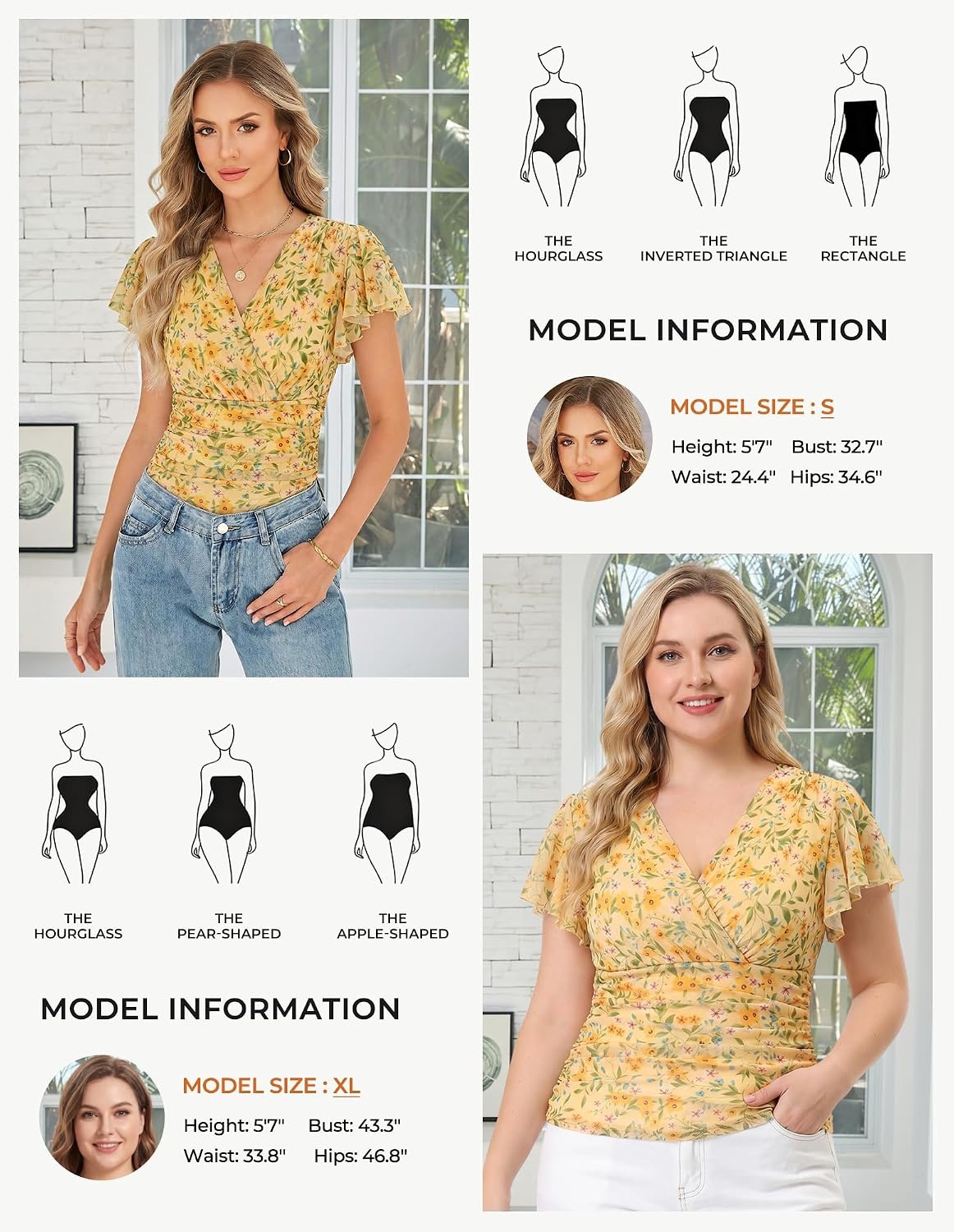 image:imageGRACE KARIN 2026 Womens Mesh Tops Ruffle Sleeve Dressy Casual Top Floral Boho Wrap Blouse Fashion OutfitsYellow Flower