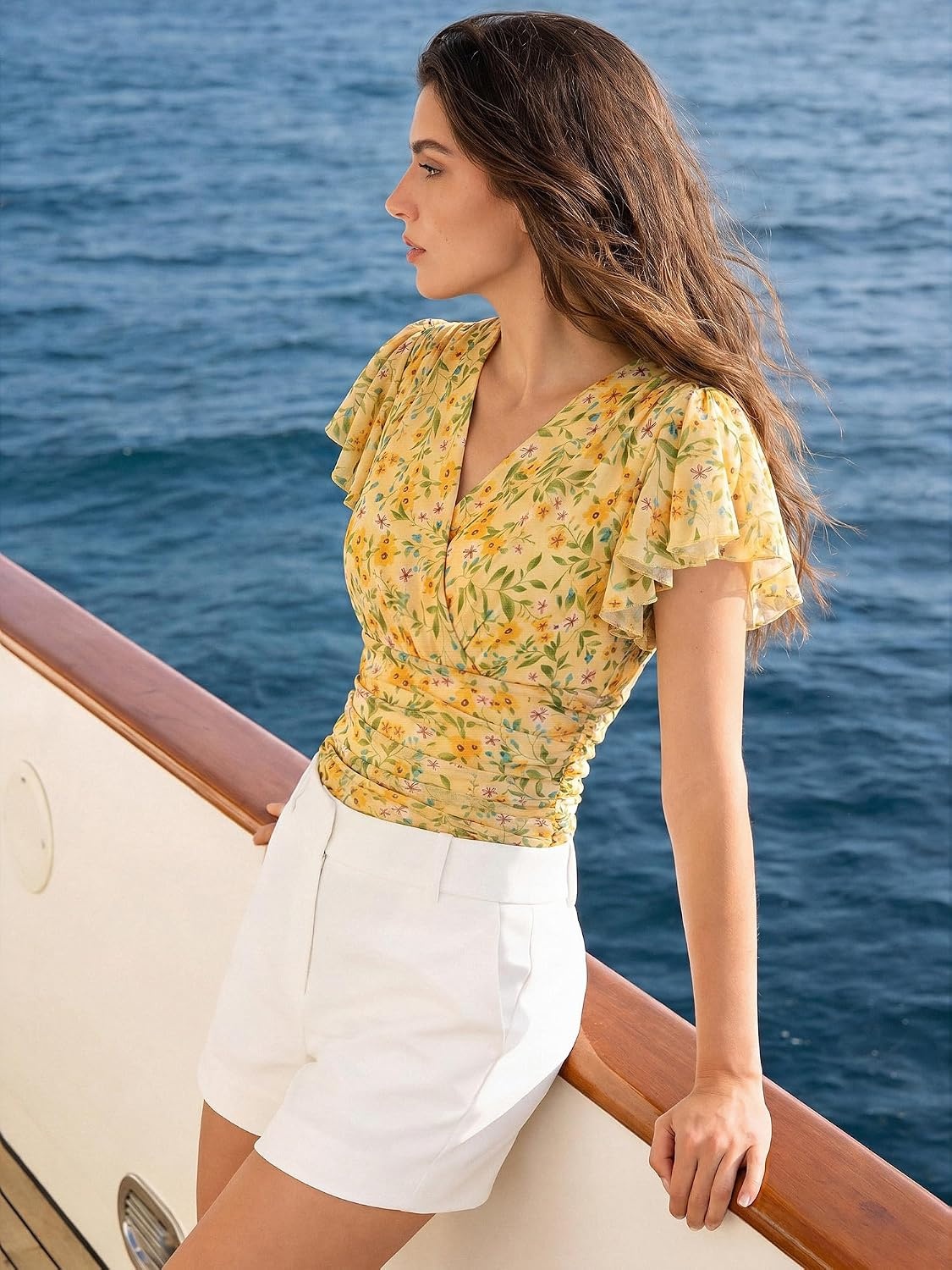 image:imageGRACE KARIN 2026 Womens Mesh Tops Ruffle Sleeve Dressy Casual Top Floral Boho Wrap Blouse Fashion OutfitsYellow Flower