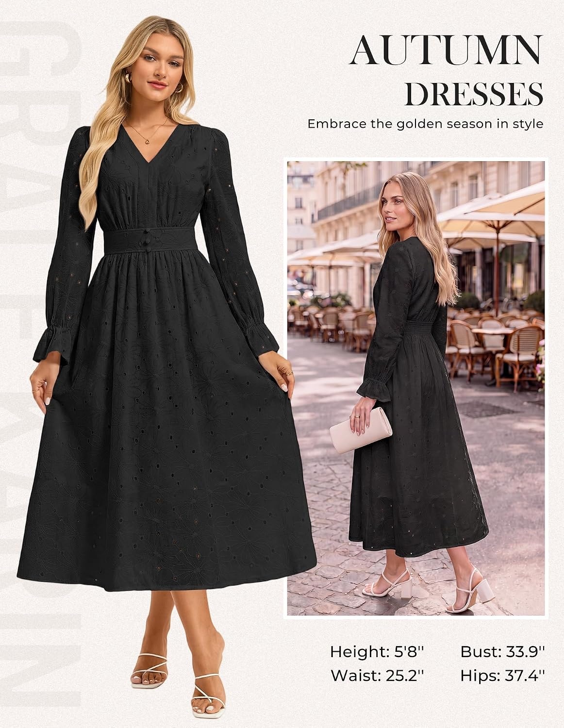 image:imageGRACE KARIN Womens Long Sleeve Maxi Dress 2026 V Neck Eyelet Casual Cotton Wedding Guest Dresses Fall Outfits with PocketBlack