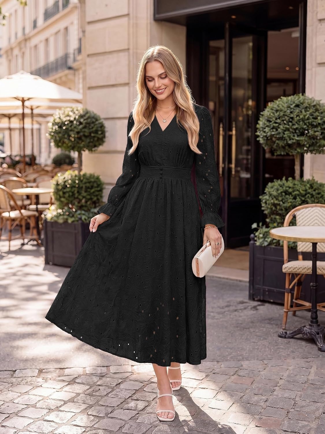 image:imageGRACE KARIN Womens Long Sleeve Maxi Dress 2026 V Neck Eyelet Casual Cotton Wedding Guest Dresses Fall Outfits with PocketBlack