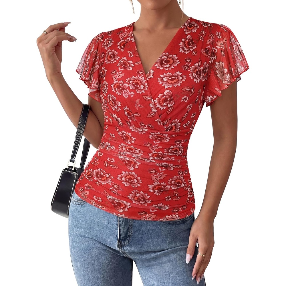 image:imageGRACE KARIN 2026 Womens Mesh Tops Ruffle Sleeve Dressy Casual Top Floral Boho Wrap Blouse Fashion OutfitsRed