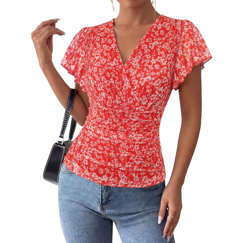 image:imageGRACE KARIN 2026 Womens Mesh Tops Ruffle Sleeve Dressy Casual Top Floral Boho Wrap Blouse Fashion OutfitsRed White