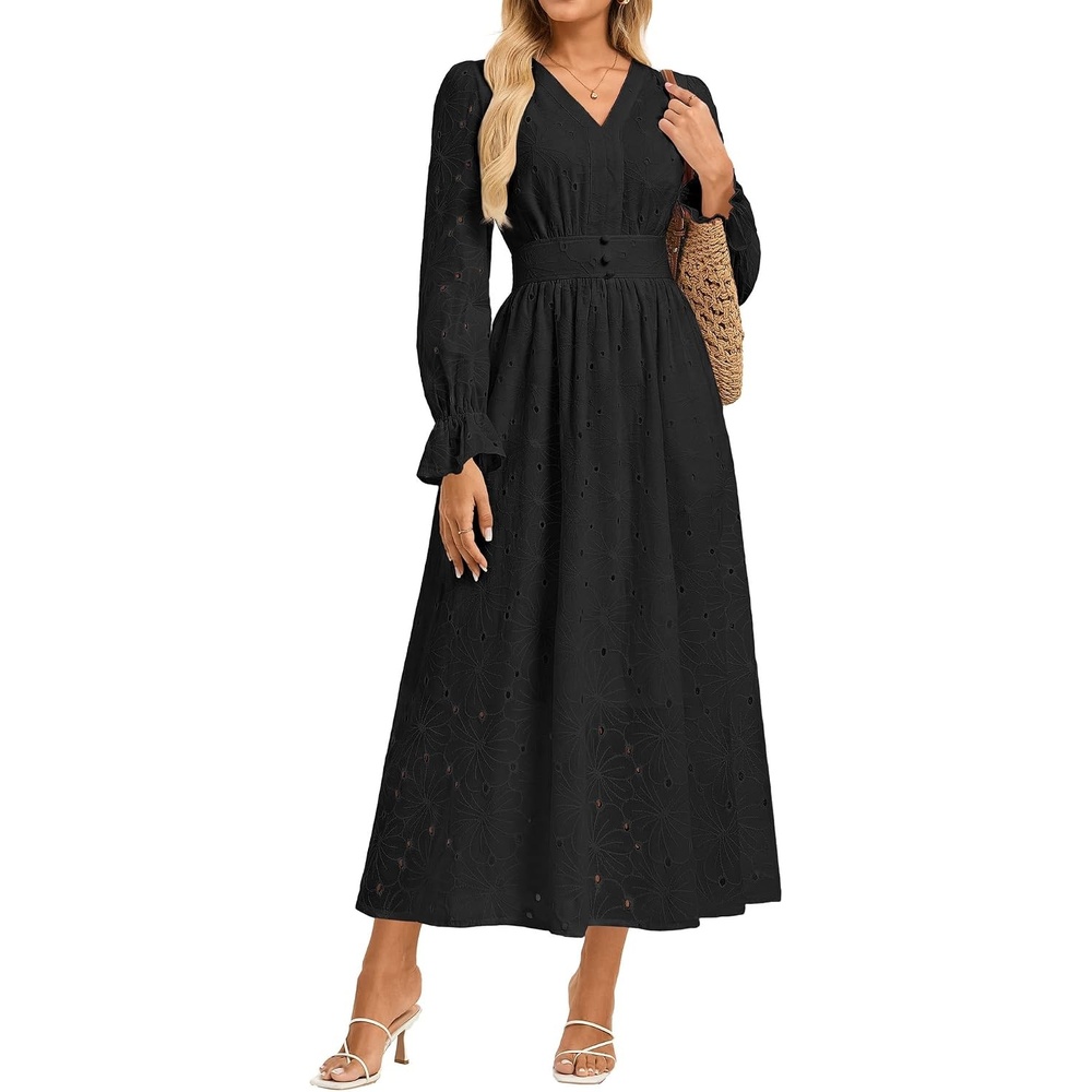 image:imageGRACE KARIN Womens Long Sleeve Maxi Dress 2026 V Neck Eyelet Casual Cotton Wedding Guest Dresses Fall Outfits with PocketBlack