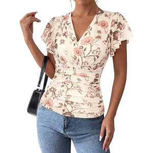 GRACE KARIN 2026 Womens Mesh Tops Ruffle Sleeve Dressy Casual Top Floral Boho Wrap Blouse Fashion Outfits(Beige)
