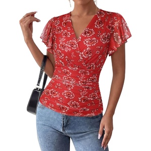 GRACE KARIN 2026 Womens Mesh Tops Ruffle Sleeve Dressy Casual Top Floral Boho Wrap Blouse Fashion Outfits(Red)