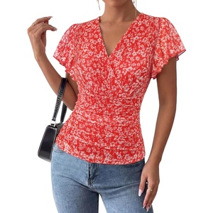 GRACE KARIN 2026 Womens Mesh Tops Ruffle Sleeve Dressy Casual Top Floral Boho Wrap Blouse Fashion Outfits(Red White)
