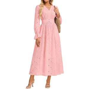 GRACE KARIN Womens Long Sleeve Maxi Dress 2026 V Neck Eyelet Casual Cotton Wedding Guest Dresses Fall Outfits with Pocket(Pink)