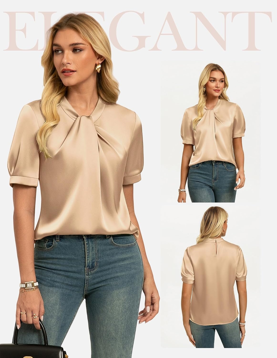 image:imageGRACE KARIN 2026 Women Satin Tops Short Sleeve Blouse Mock Neck Work Silk Shirts Business Casual OutfitsOrange Pink
