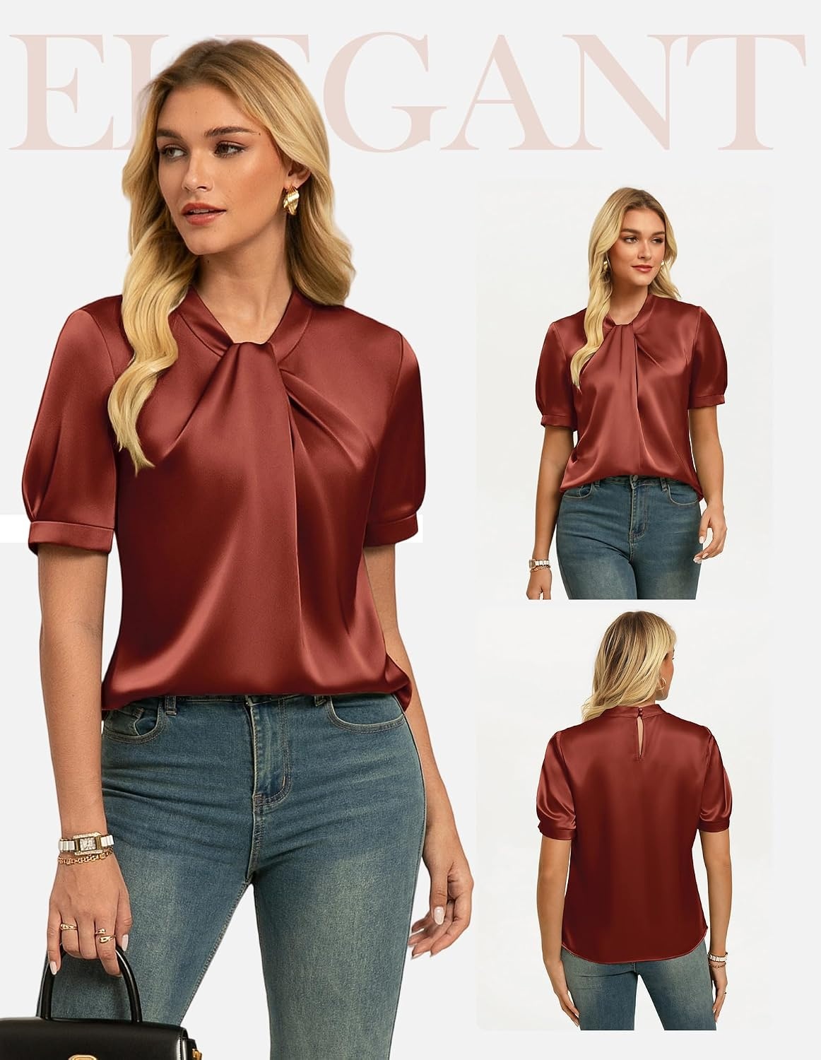 image:imageGRACE KARIN 2026 Women Satin Tops Short Sleeve Blouse Mock Neck Work Silk Shirts Business Casual OutfitsRed Orange