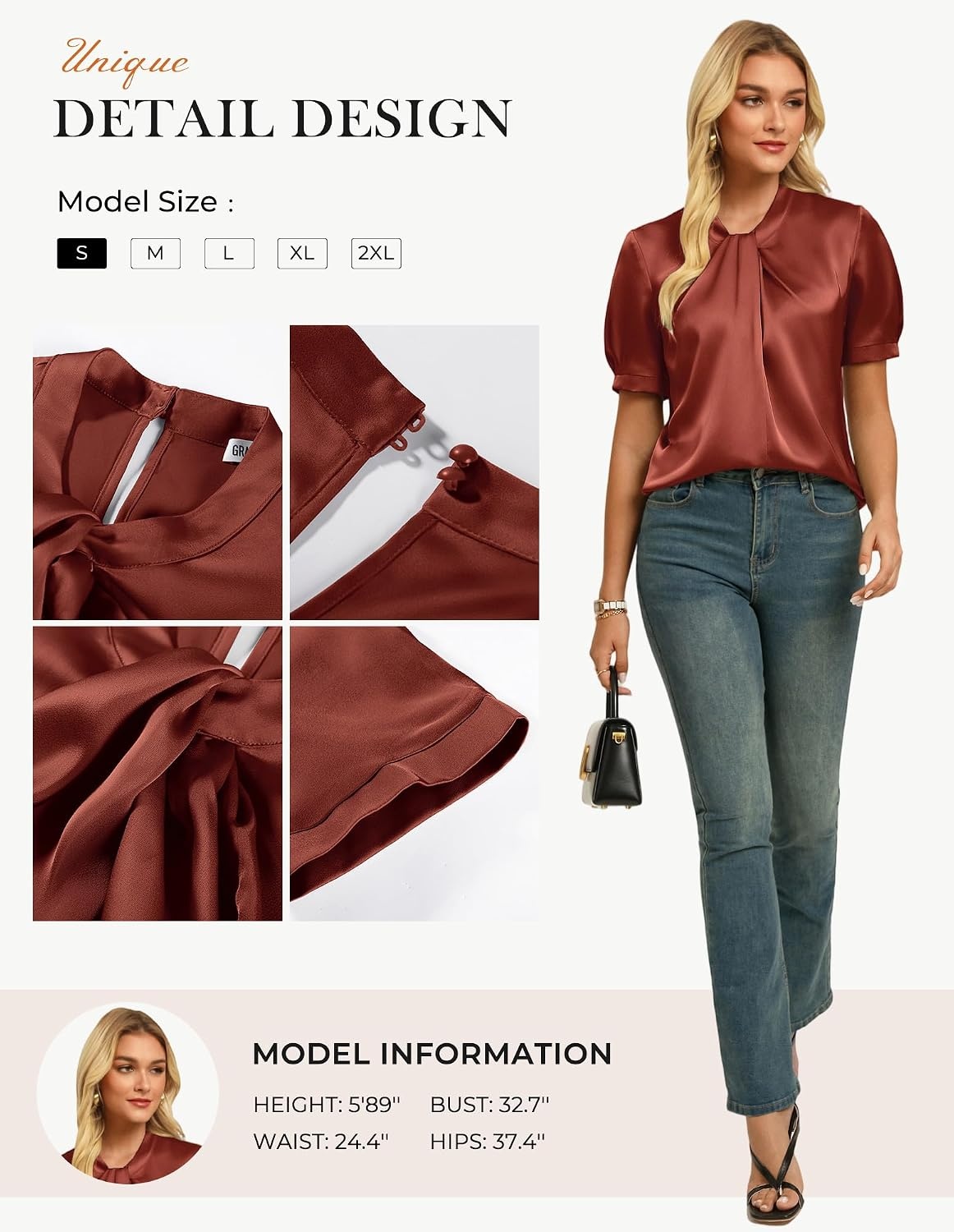 image:imageGRACE KARIN 2026 Women Satin Tops Short Sleeve Blouse Mock Neck Work Silk Shirts Business Casual OutfitsRed Orange