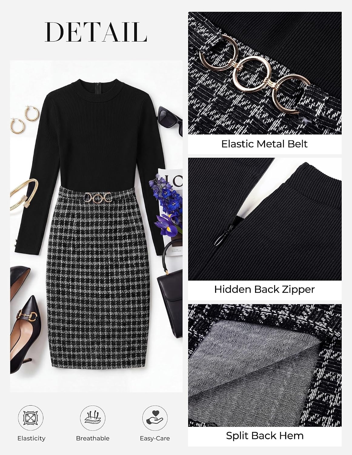 image:imageGRACE KARIN Fall Long Sleeve Mini Bodycon Business Work Dress Mock NeckSheathTweedSuitable for Business Casual EventConferencesChurchOffice SettingsBusiness TravelBlack