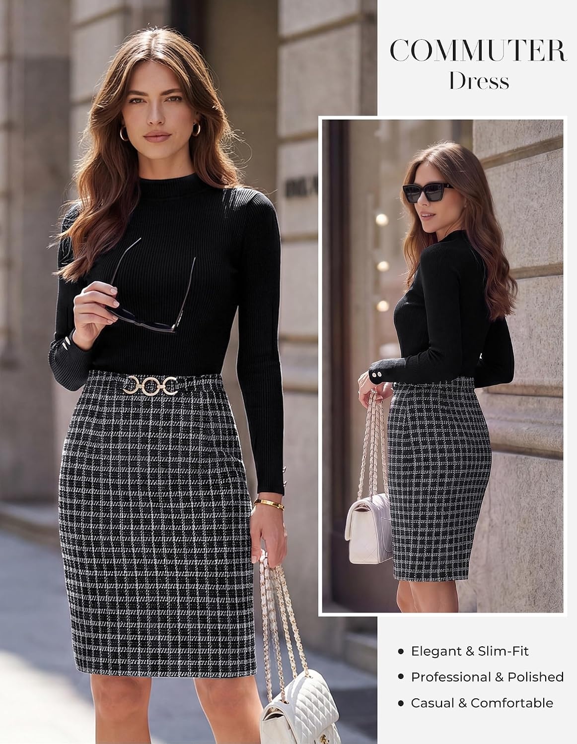 image:imageGRACE KARIN Fall Long Sleeve Mini Bodycon Business Work Dress Mock NeckSheathTweedSuitable for Business Casual EventConferencesChurchOffice SettingsBusiness TravelBlack