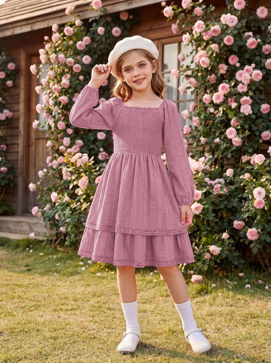 image:imageGRACE KARIN Girls Fall Cotton Dress Long Sleeve Smocked Dresses for 714Y Layered Square Neck Lace Trim Flowy Casual School Party Formal Birthday Christmas Holiday ALine Kids ClothesPink