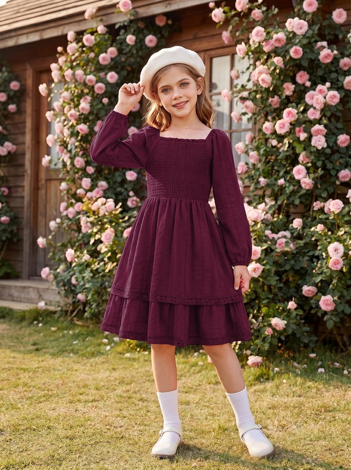 image:imageGRACE KARIN Girls Fall Cotton Dress Long Sleeve Smocked Dresses for 714Y Layered Square Neck Lace Trim Flowy Casual School Party Formal Birthday Christmas Holiday ALine Kids ClothesWine Red