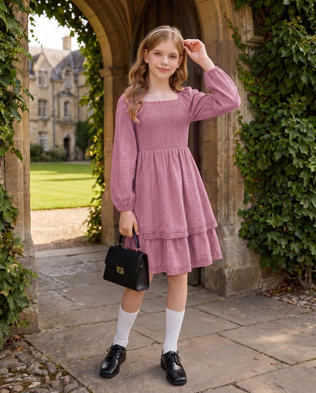 image:imageGRACE KARIN Girls Fall Cotton Dress Long Sleeve Smocked Dresses for 714Y Layered Square Neck Lace Trim Flowy Casual School Party Formal Birthday Christmas Holiday ALine Kids ClothesPink