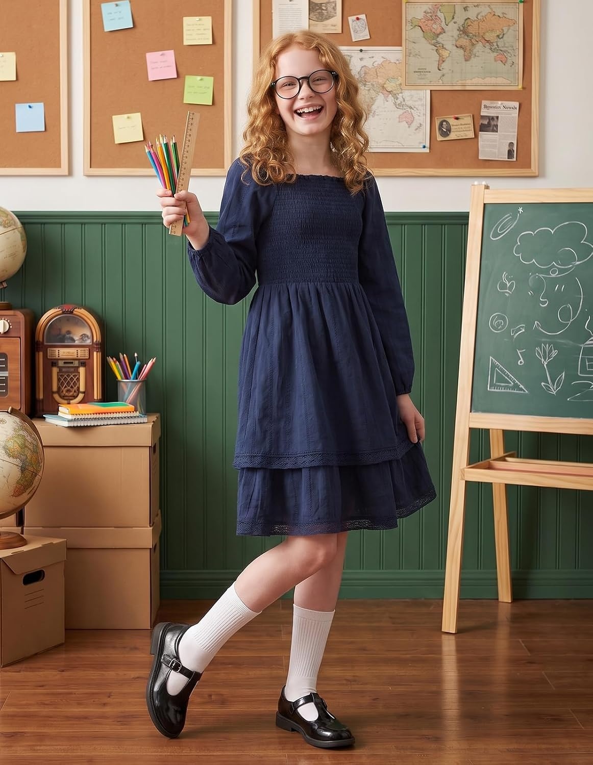 image:imageGRACE KARIN Girls Fall Cotton Dress Long Sleeve Smocked Dresses for 714Y Layered Square Neck Lace Trim Flowy Casual School Party Formal Birthday Christmas Holiday ALine Kids ClothesDark Blue