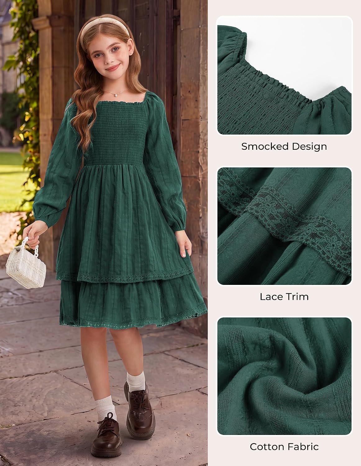 image:imageGRACE KARIN Girls Fall Cotton Dress Long Sleeve Smocked Dresses for 714Y Layered Square Neck Lace Trim Flowy Casual School Party Formal Birthday Christmas Holiday ALine Kids ClothesDark Green