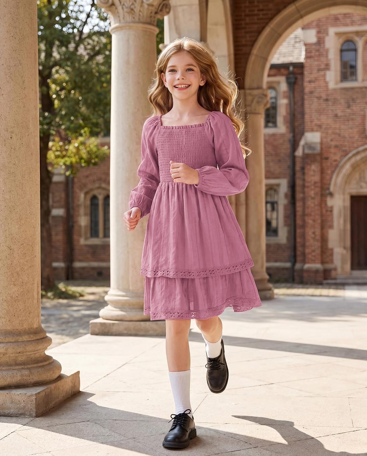image:imageGRACE KARIN Girls Fall Cotton Dress Long Sleeve Smocked Dresses for 714Y Layered Square Neck Lace Trim Flowy Casual School Party Formal Birthday Christmas Holiday ALine Kids ClothesPink