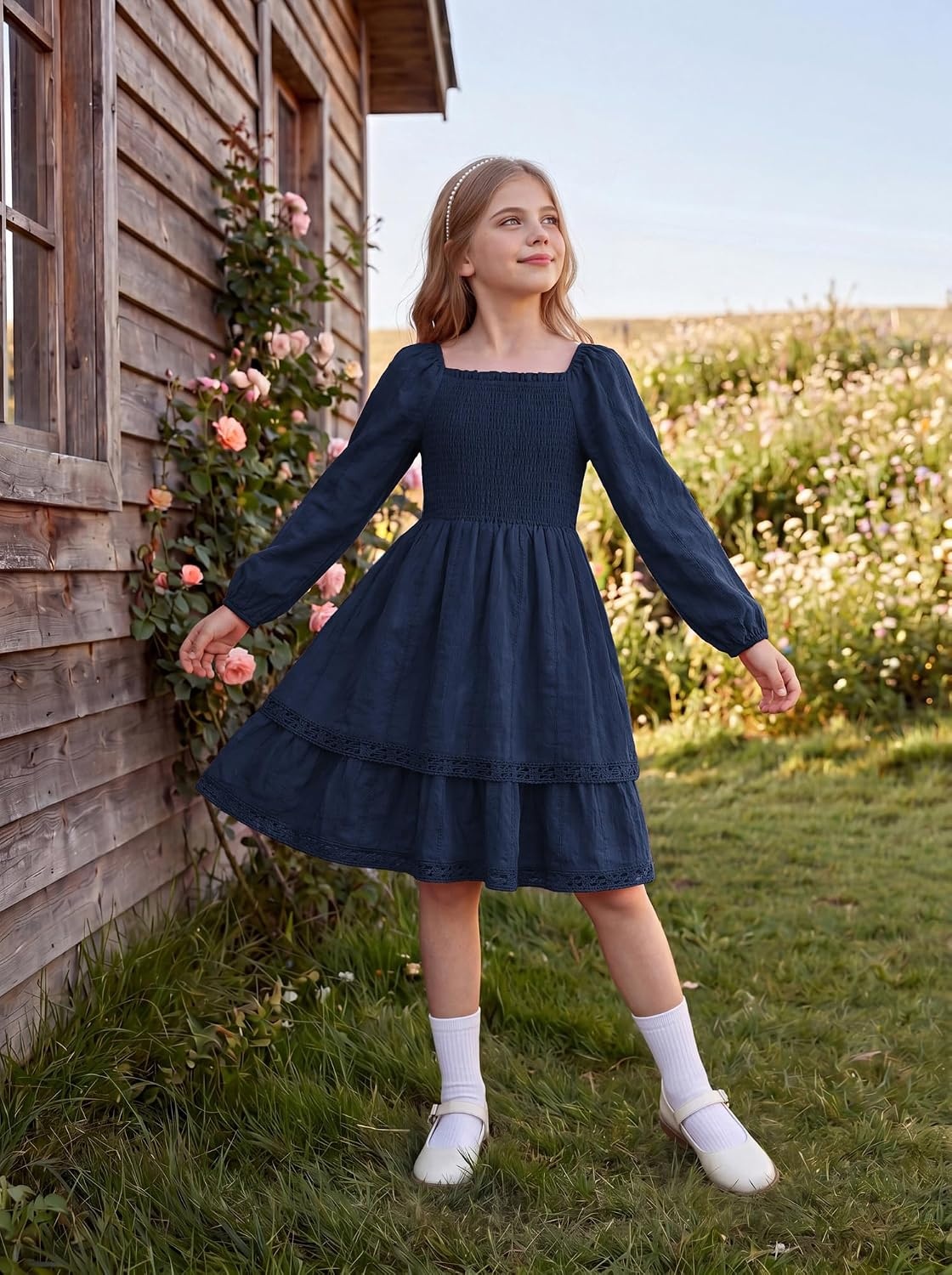 image:imageGRACE KARIN Girls Fall Cotton Dress Long Sleeve Smocked Dresses for 714Y Layered Square Neck Lace Trim Flowy Casual School Party Formal Birthday Christmas Holiday ALine Kids ClothesDark Blue