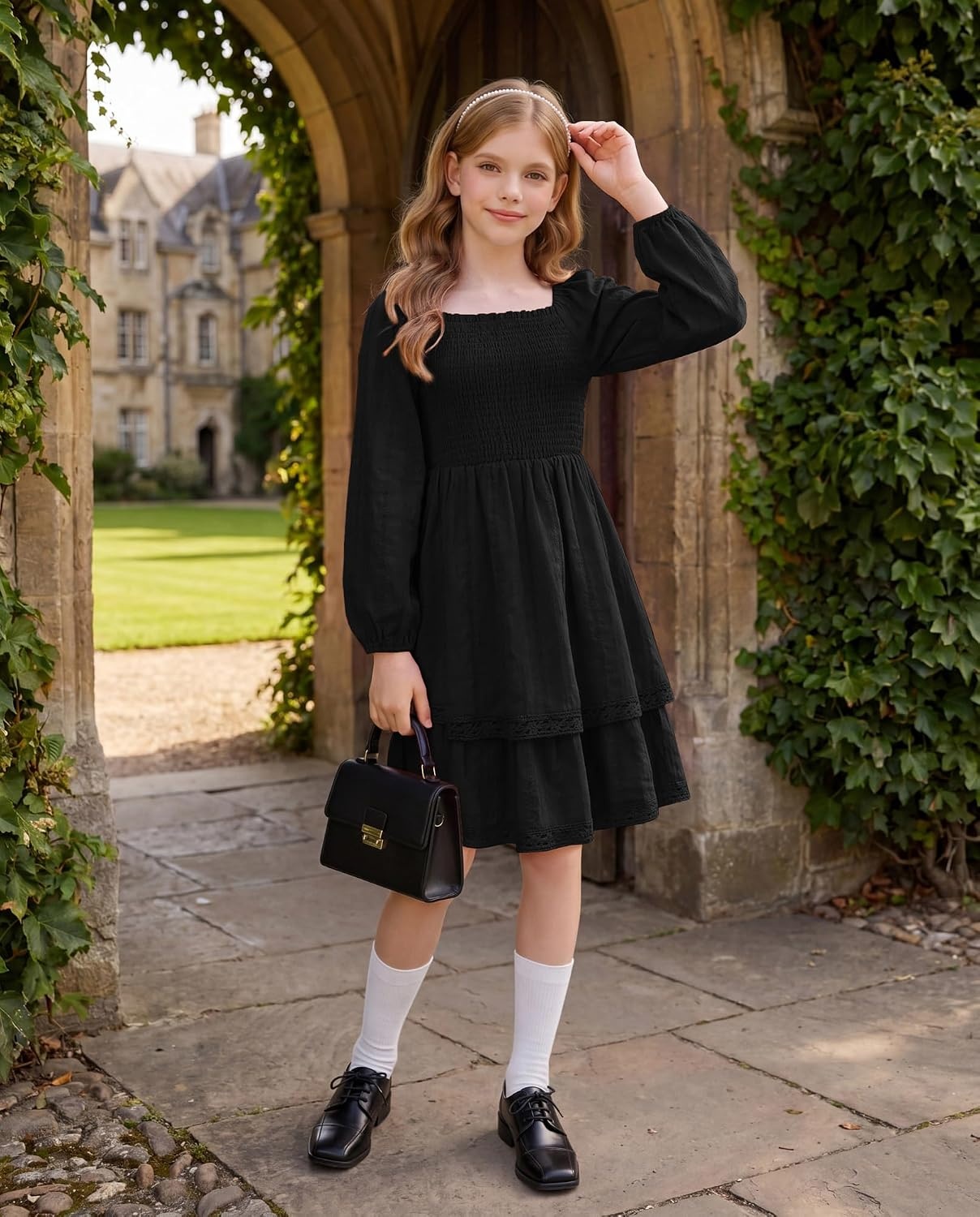 image:imageGRACE KARIN Girls Fall Cotton Dress Long Sleeve Smocked Dresses for 714Y Layered Square Neck Lace Trim Flowy Casual School Party Formal Birthday Christmas Holiday ALine Kids ClothesBlack