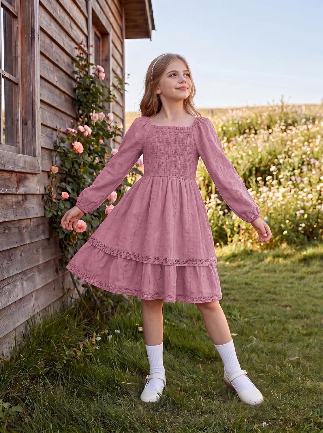 image:imageGRACE KARIN Girls Fall Cotton Dress Long Sleeve Smocked Dresses for 714Y Layered Square Neck Lace Trim Flowy Casual School Party Formal Birthday Christmas Holiday ALine Kids ClothesPink