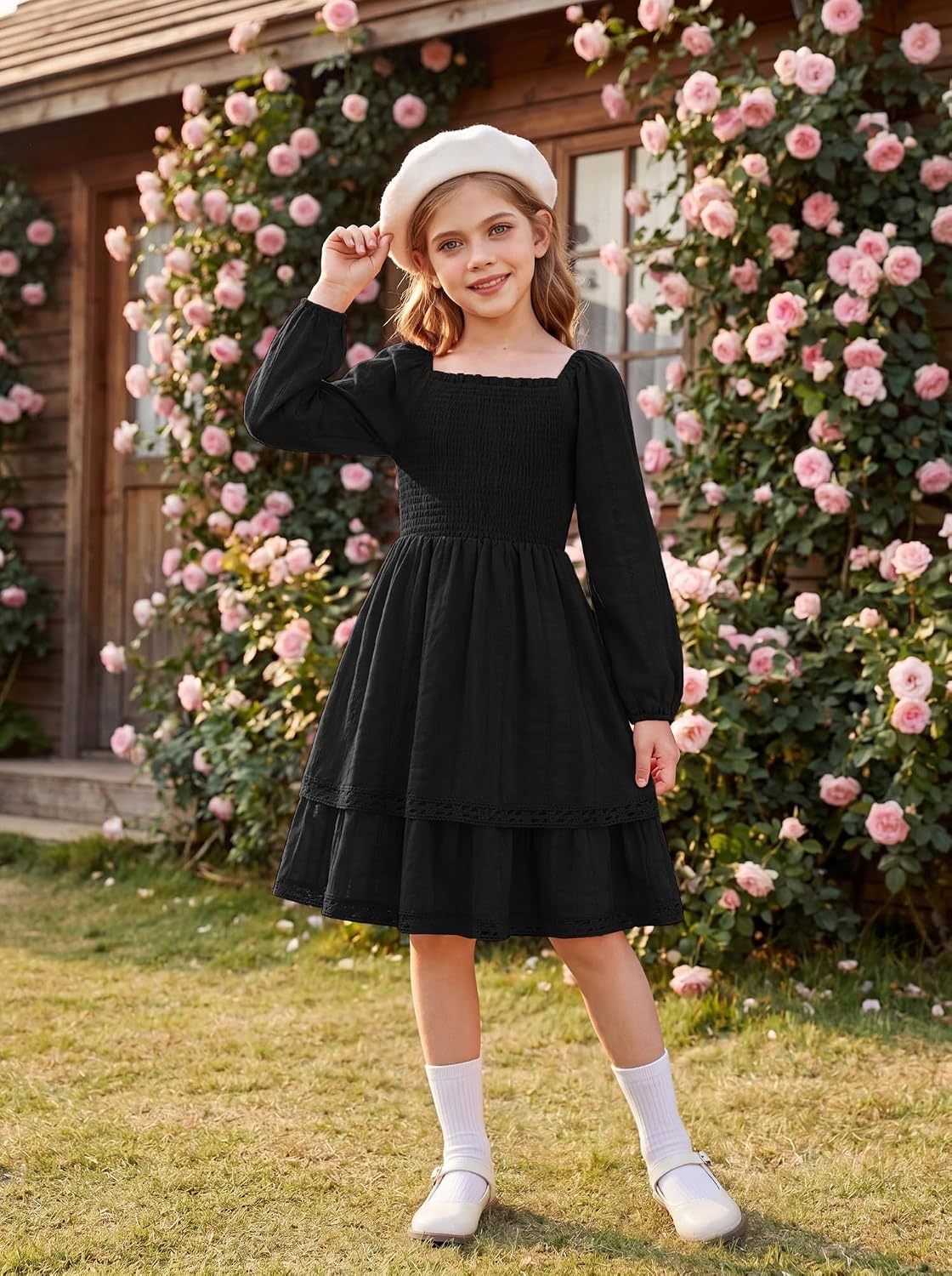 image:imageGRACE KARIN Girls Fall Cotton Dress Long Sleeve Smocked Dresses for 714Y Layered Square Neck Lace Trim Flowy Casual School Party Formal Birthday Christmas Holiday ALine Kids ClothesBlack