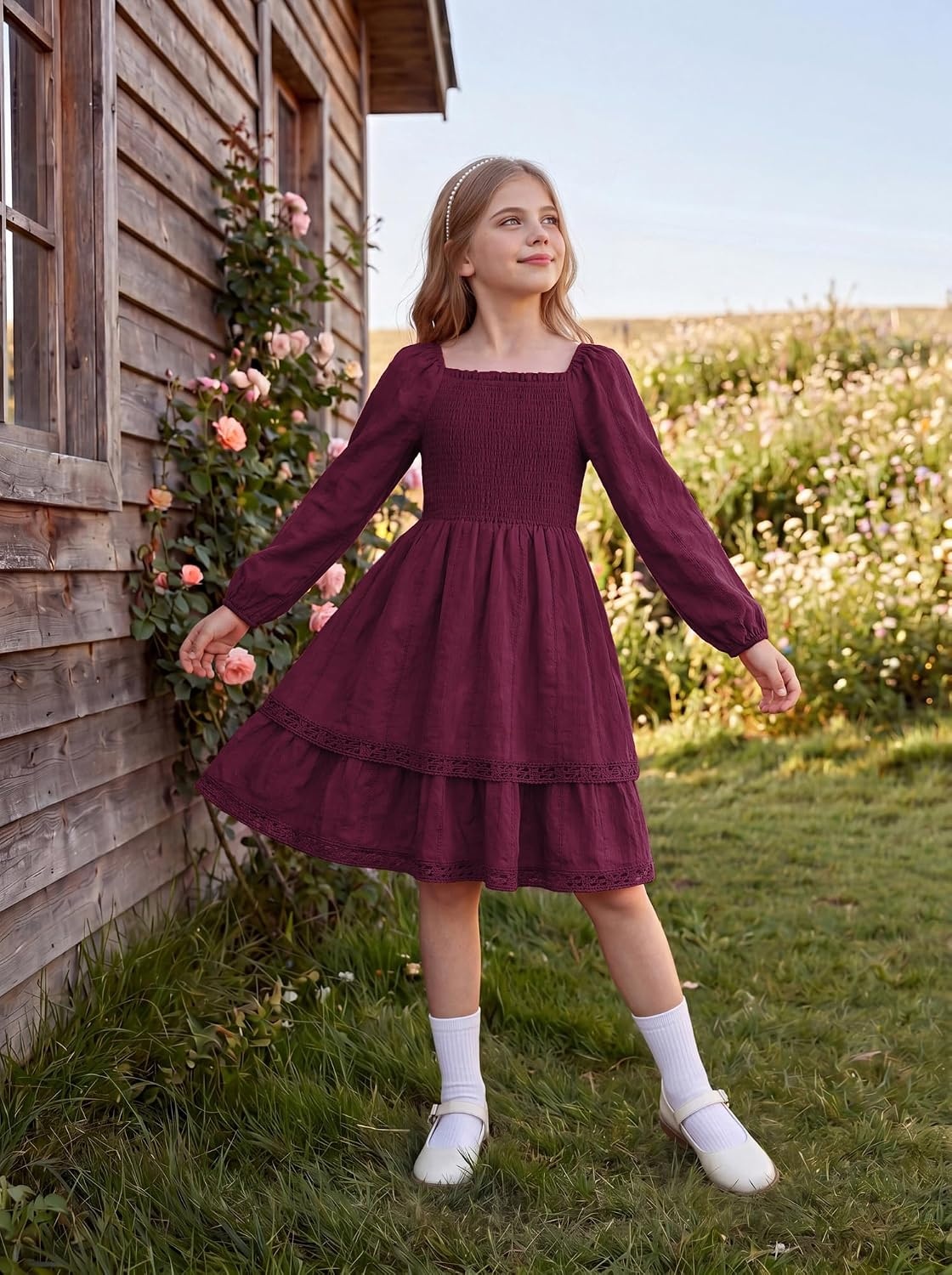 image:imageGRACE KARIN Girls Fall Cotton Dress Long Sleeve Smocked Dresses for 714Y Layered Square Neck Lace Trim Flowy Casual School Party Formal Birthday Christmas Holiday ALine Kids ClothesWine Red