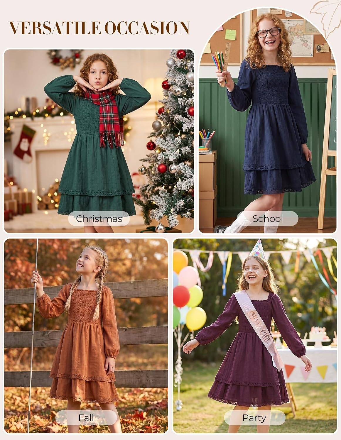 image:imageGRACE KARIN Girls Fall Cotton Dress Long Sleeve Smocked Dresses for 714Y Layered Square Neck Lace Trim Flowy Casual School Party Formal Birthday Christmas Holiday ALine Kids ClothesWine Red