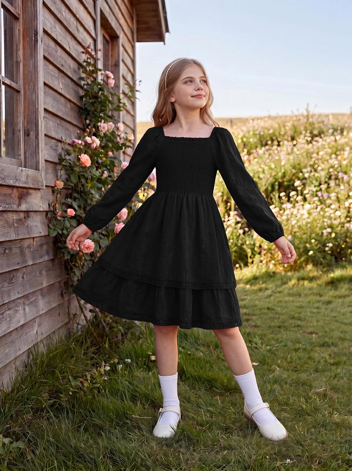 image:imageGRACE KARIN Girls Fall Cotton Dress Long Sleeve Smocked Dresses for 714Y Layered Square Neck Lace Trim Flowy Casual School Party Formal Birthday Christmas Holiday ALine Kids ClothesBlack