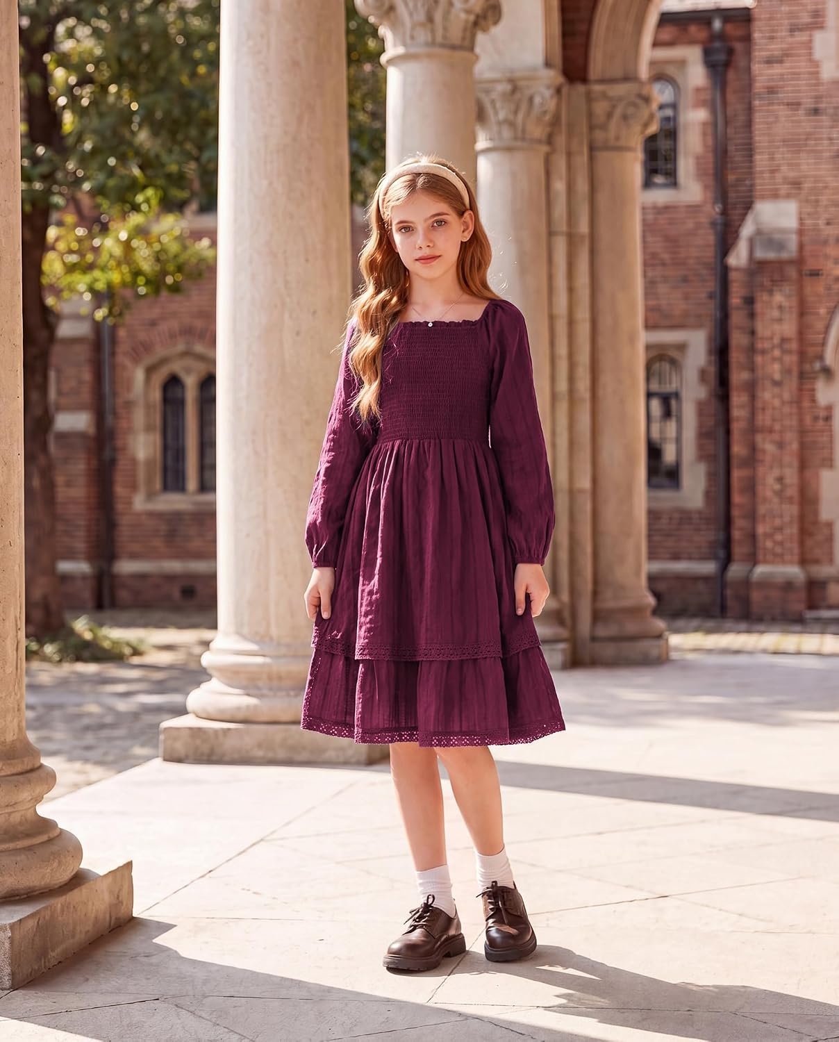 image:imageGRACE KARIN Girls Fall Cotton Dress Long Sleeve Smocked Dresses for 714Y Layered Square Neck Lace Trim Flowy Casual School Party Formal Birthday Christmas Holiday ALine Kids ClothesWine Red